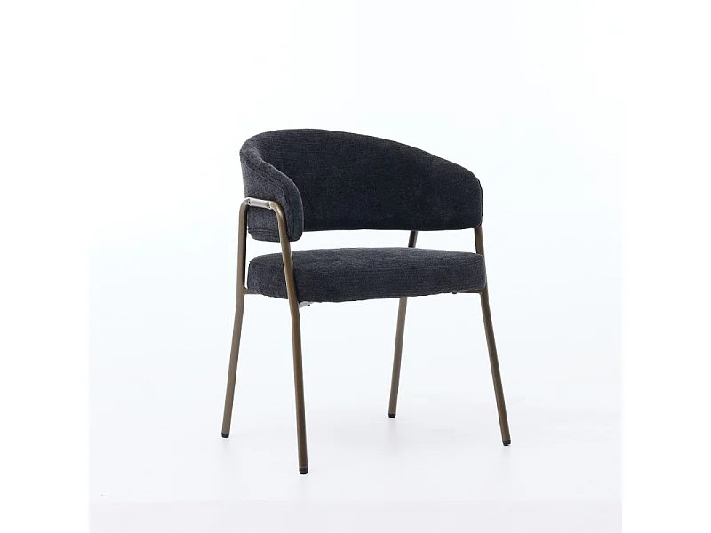 Chaise de salle à manger en chenille noir avec accoudoirs et pieds en métal finition laiton vieilli