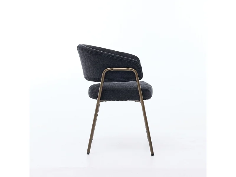 Chaise de salle à manger en chenille noir avec accoudoirs et pieds en métal finition laiton vieilli