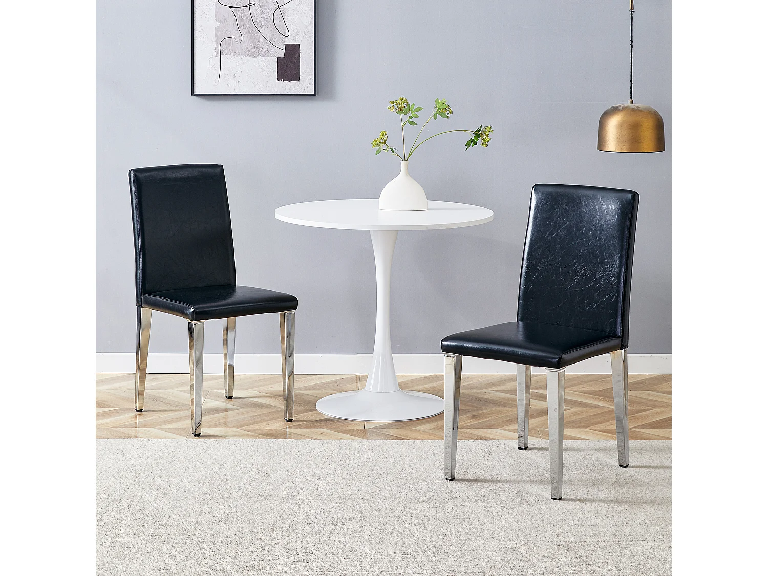 Lot de 2 chaises de salle à manger en similicuir noir avec pieds en métal argenté