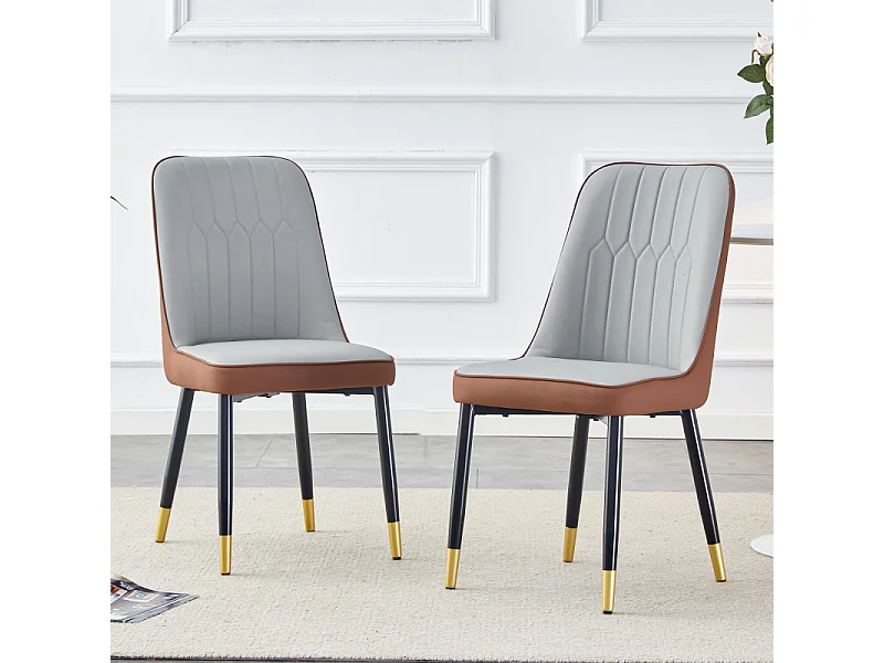 Lot de 2 chaises de salle à manger en similicuir bicolore gris clair et marron avec des pieds en métal noir