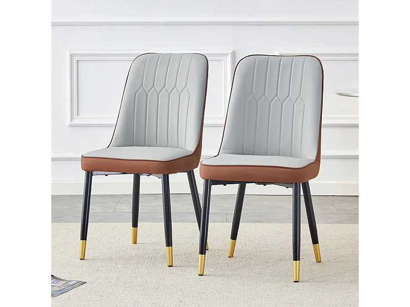 Lot de 2 chaises de salle à manger en similicuir bicolore gris clair et marron avec des pieds en métal noir