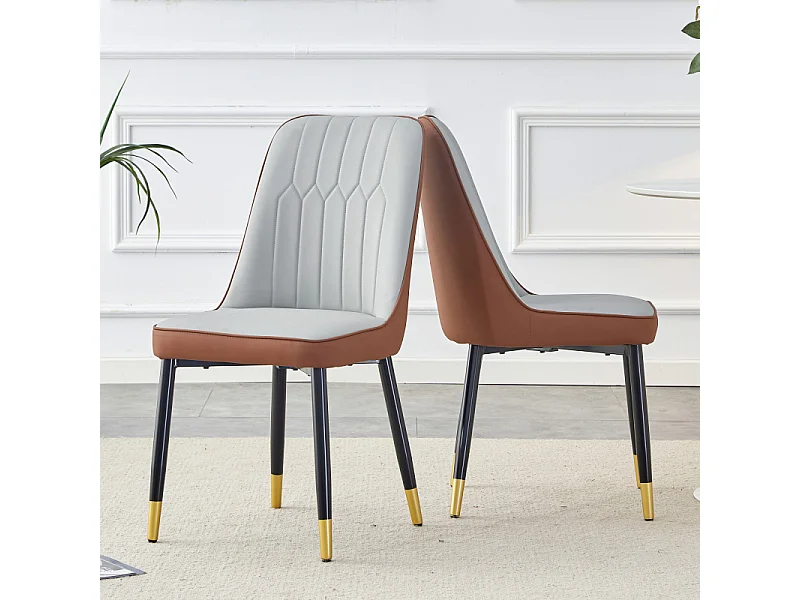 Lot de 2 chaises de salle à manger en similicuir bicolore gris clair et marron avec des pieds en métal noir