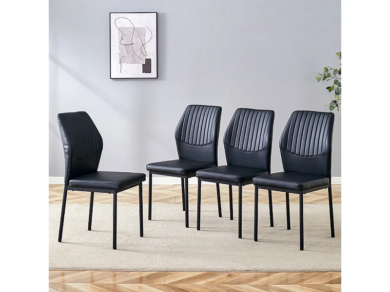 Lot de 4 chaises de salle à manger en similicuir noir avec pieds en métal