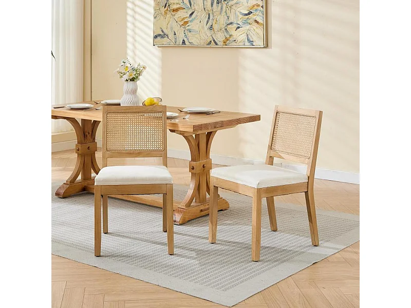 Set di 2 sedie da pranzo con schienale in rattan e lino beige