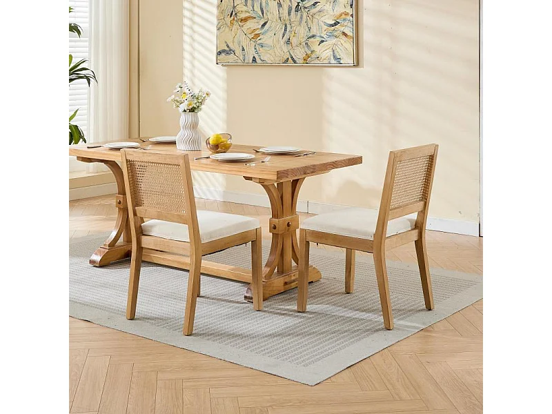 Set di 2 sedie da pranzo con schienale in rattan e lino beige