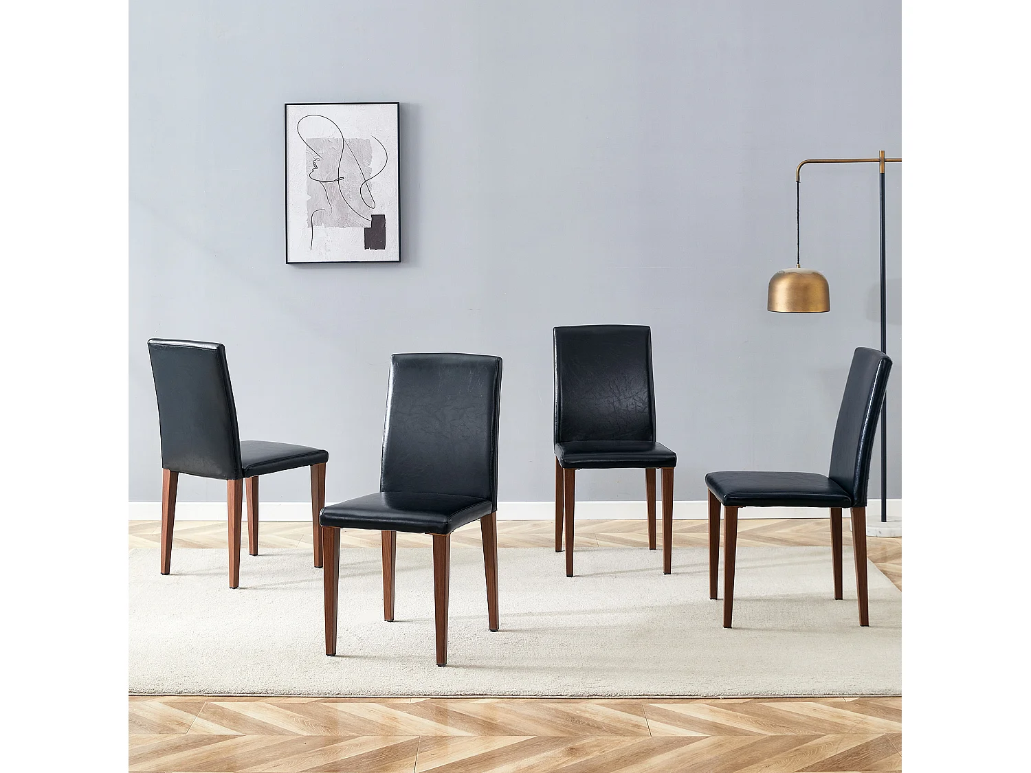 Lot de 4 chaises de salle à manger en similicuir noir avec pieds en métal marron