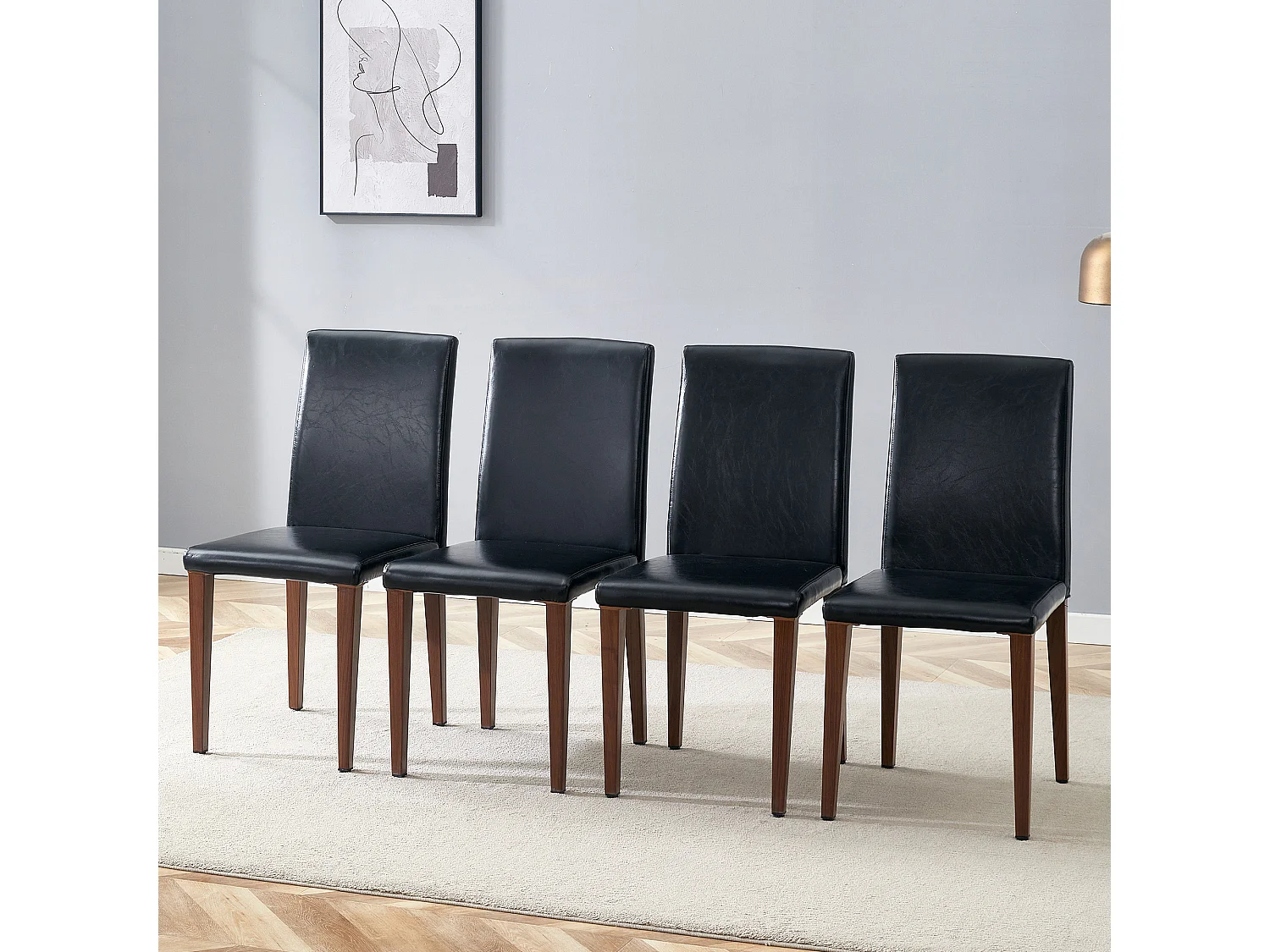 Lot de 4 chaises de salle à manger en similicuir noir avec pieds en métal marron