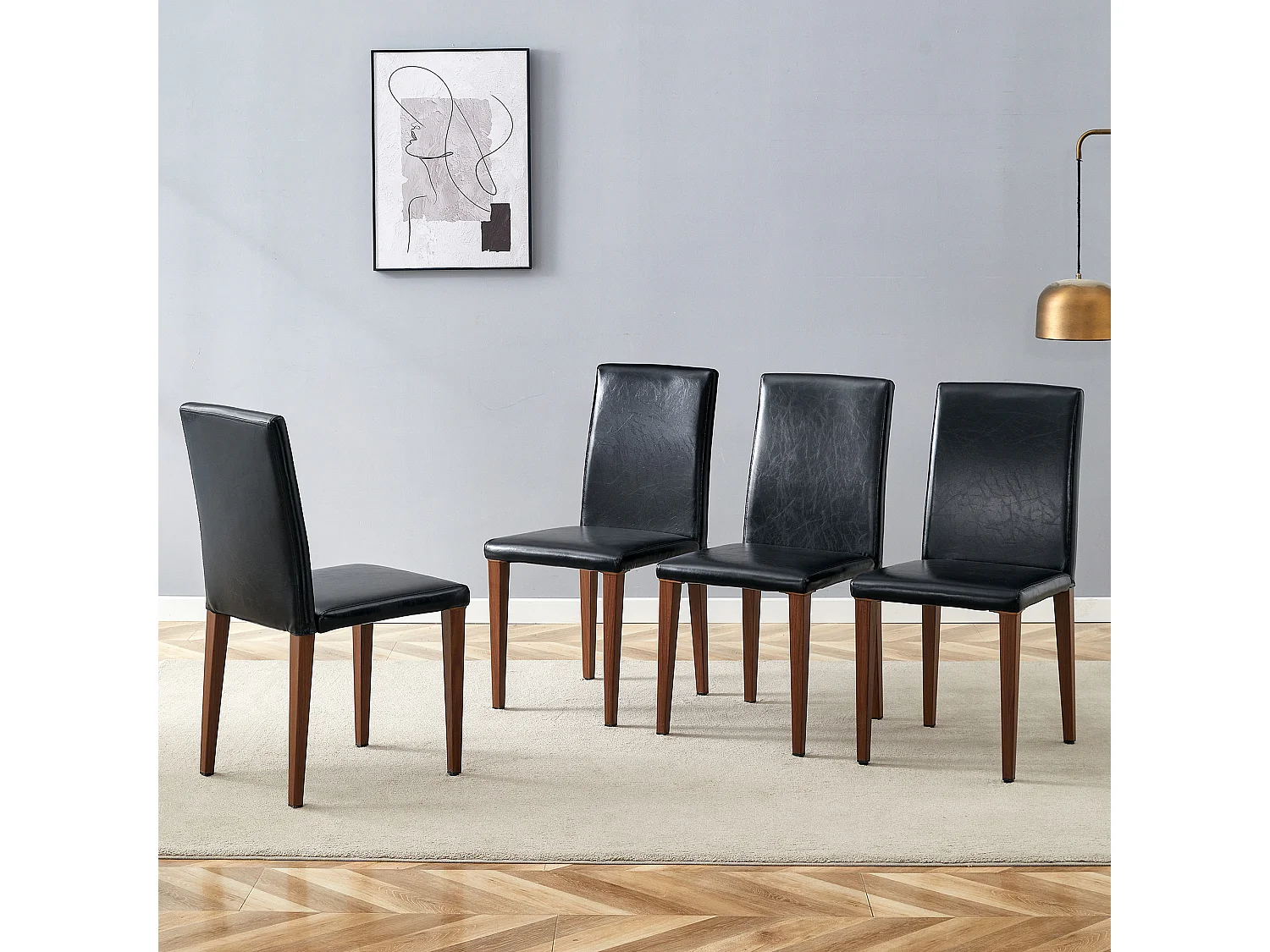 Lot de 4 chaises de salle à manger en similicuir noir avec pieds en métal marron