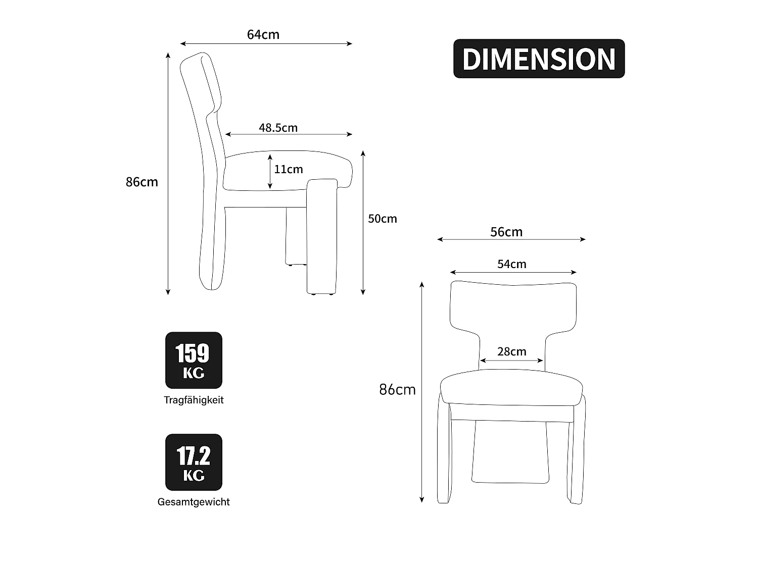 Set van 2 chenille eetkamerstoelen met houten poten en gebogen rugleuning in lichtgrijs en wit