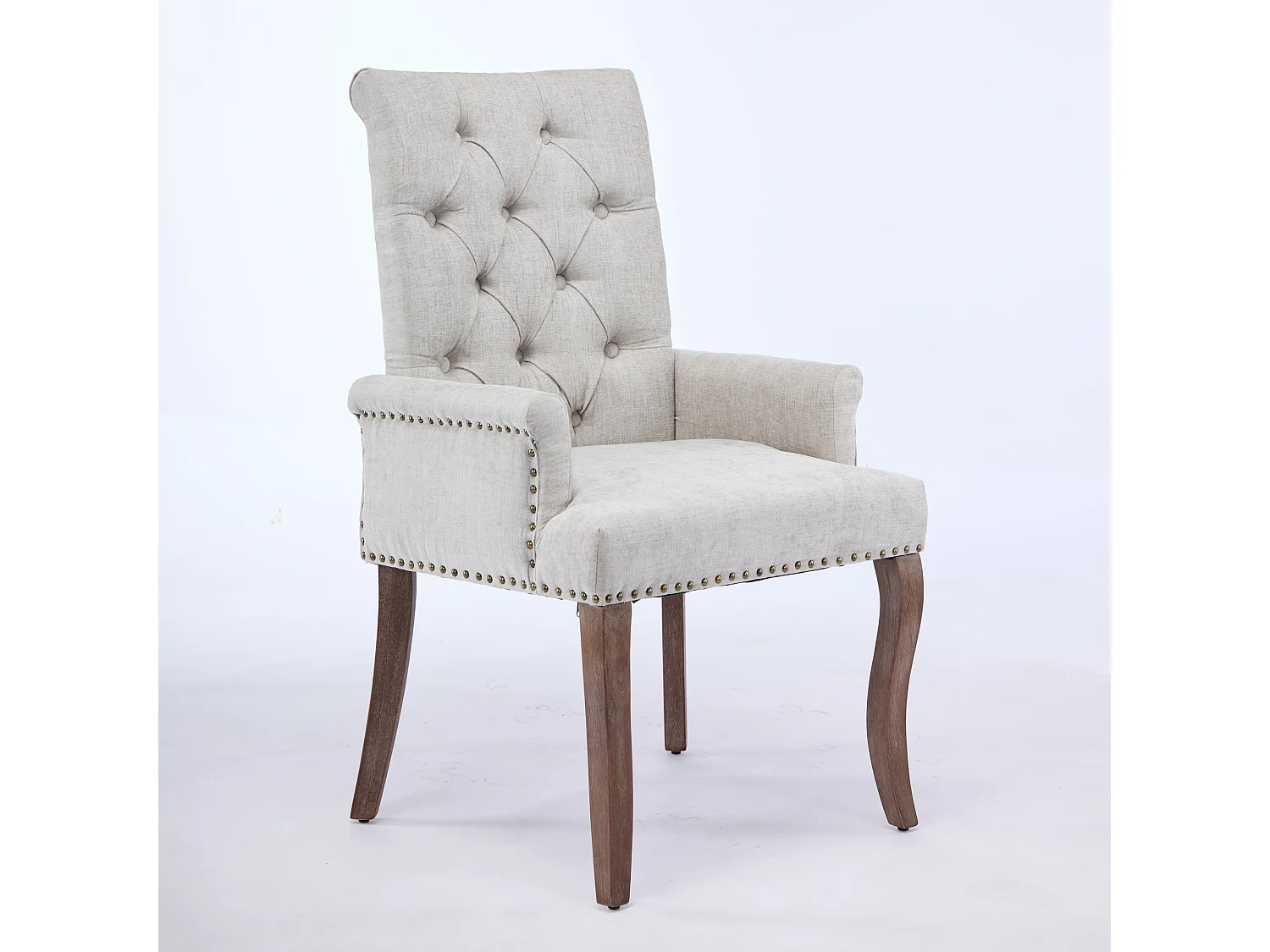 Eetkamerstoel met armleuningen, bekleed met beige chenillestof