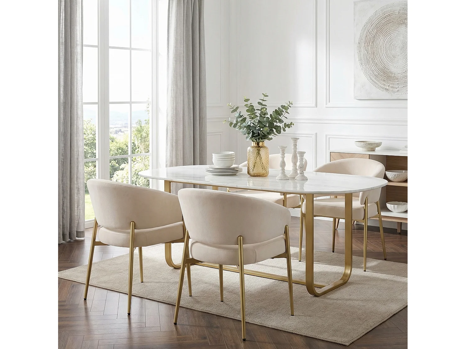 Set van 4 fluwelen eetkamerstoelen met champagnekleurige en beige metalen poten