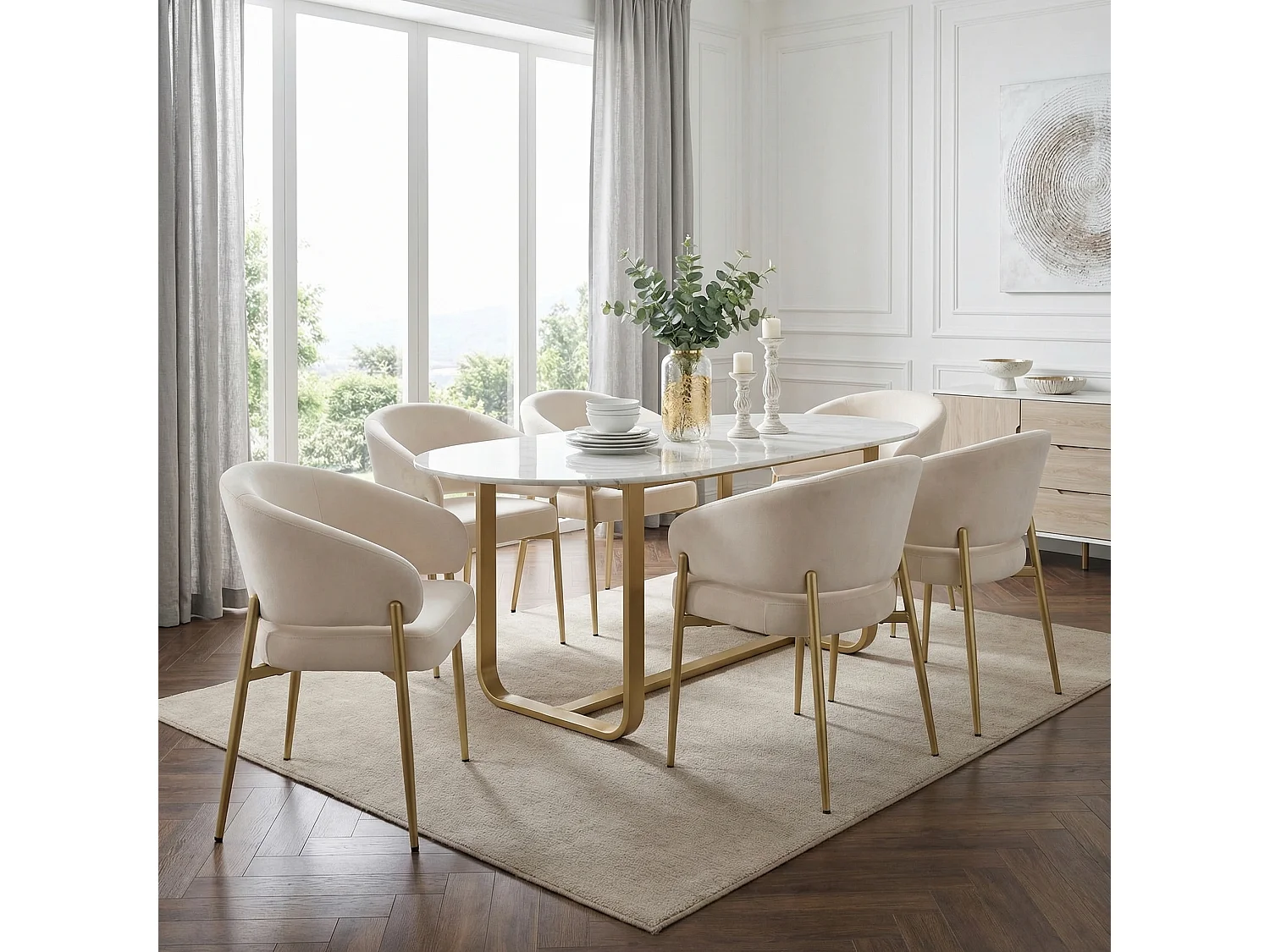 Set van 4 fluwelen eetkamerstoelen met champagnekleurige en beige metalen poten