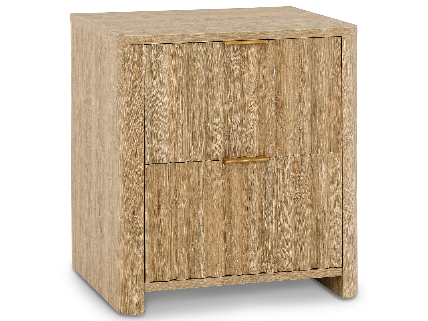 Table de Chevet ELLA H 50 cm Avec 2 Tiroirs en Bois Coloris Chêne, Façades Striées, Poignées en Métal, Table de Nuit Contemporaine