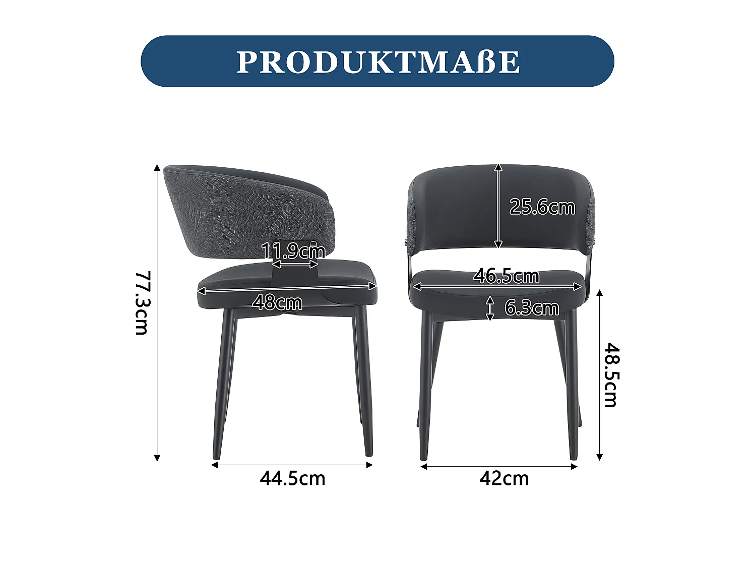 Juego de 2 sillas de comedor con reposabrazos de polipiel negra y patas de metal negro