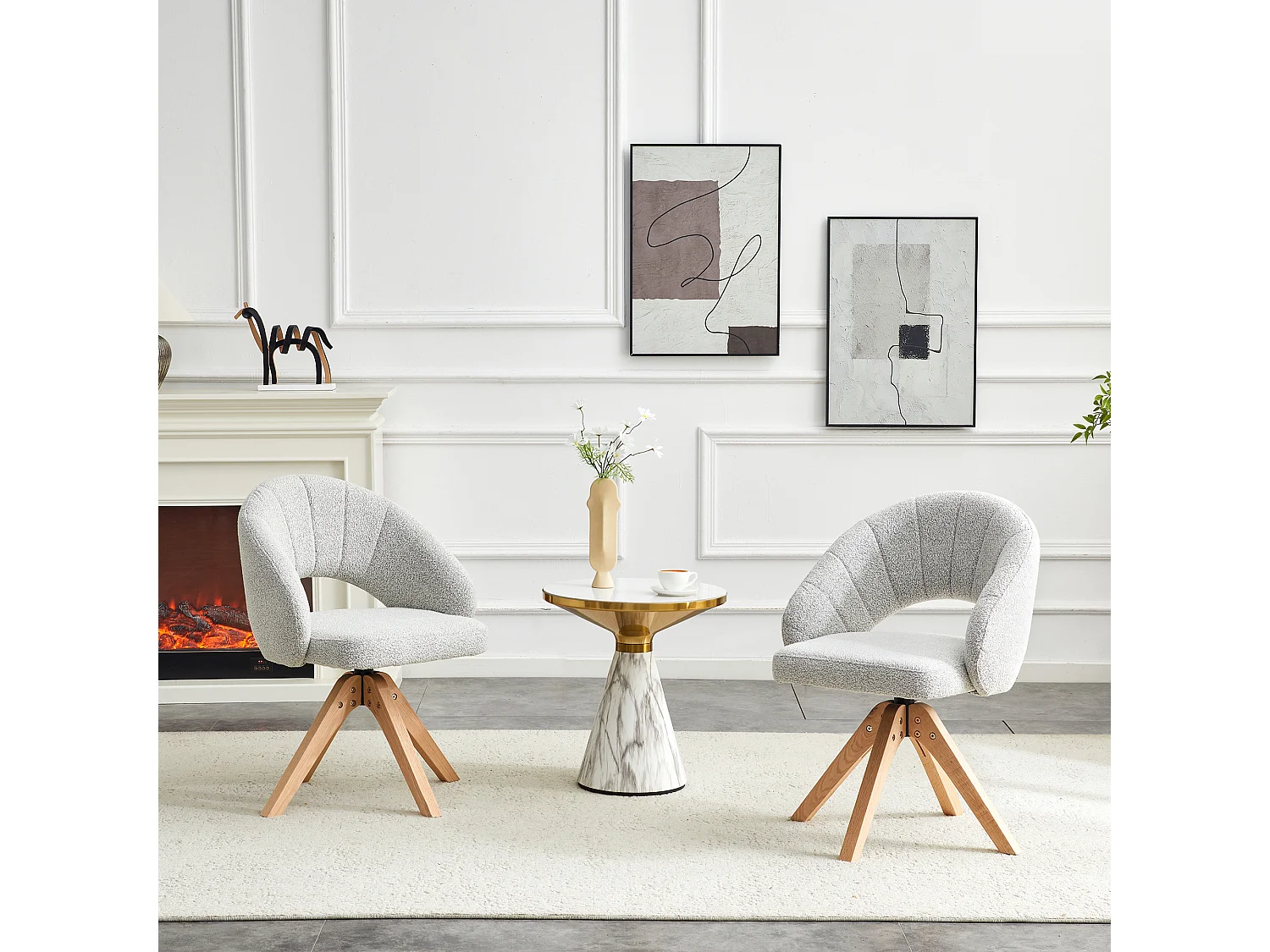 Lot de 2 chaises de salle à manger pivotantes en tissu texturé gris clair avec pieds en bois massif