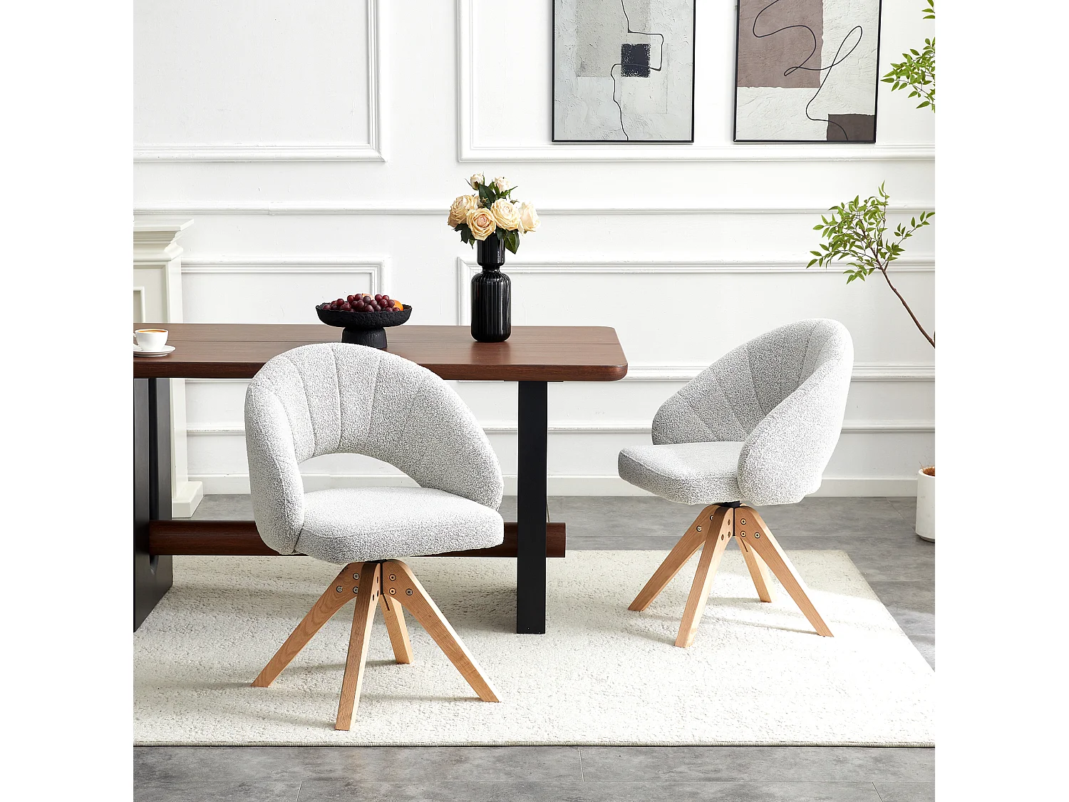 Lot de 2 chaises de salle à manger pivotantes en tissu texturé gris clair avec pieds en bois massif