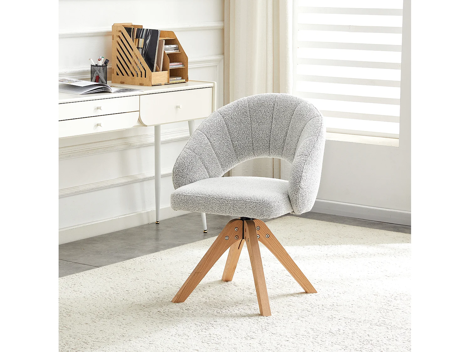 Lot de 2 chaises de salle à manger pivotantes en tissu texturé gris clair avec pieds en bois massif