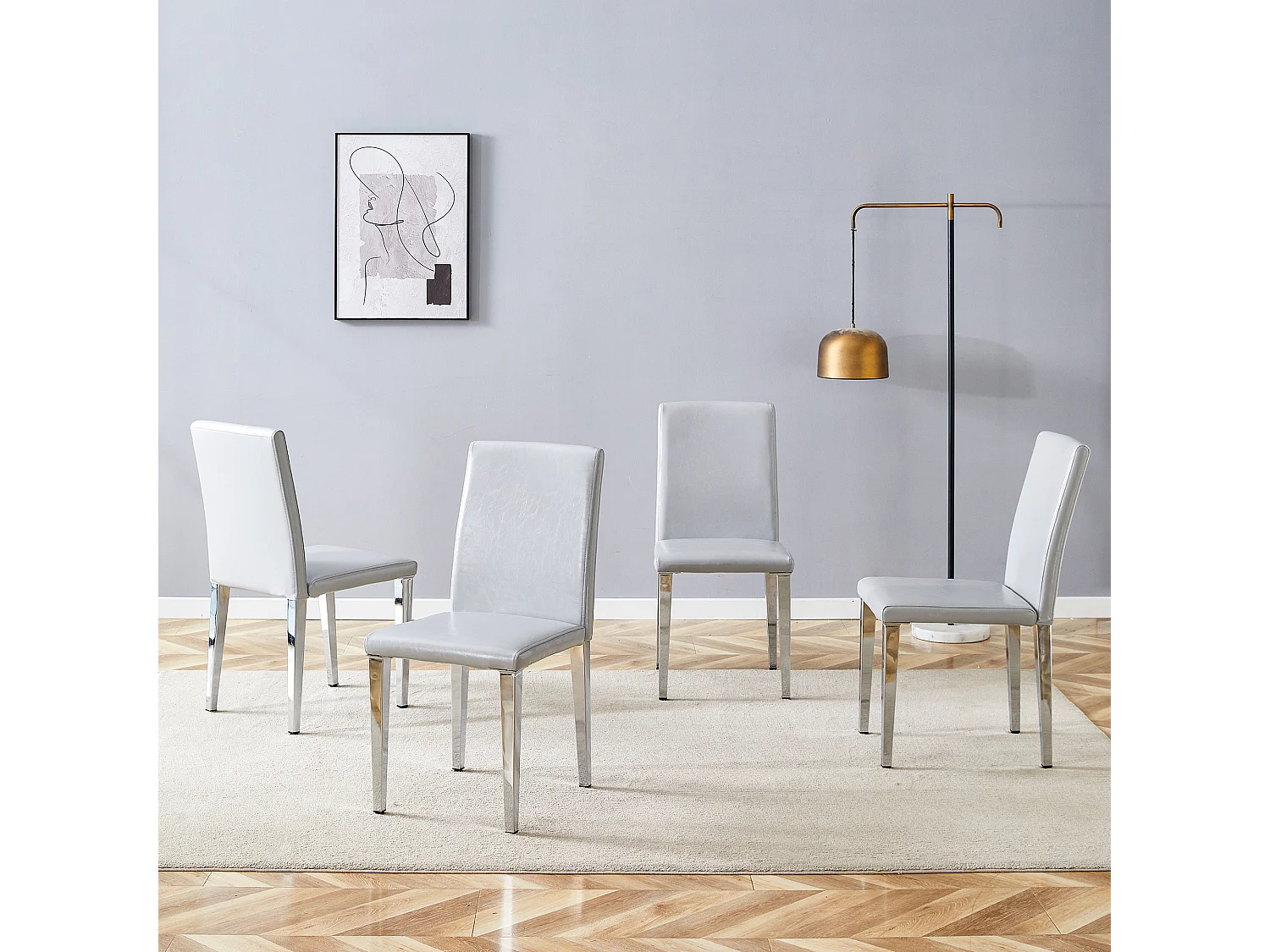 Lot de 4 chaises de salle à manger en similicuir gris clair avec pieds en métal argenté