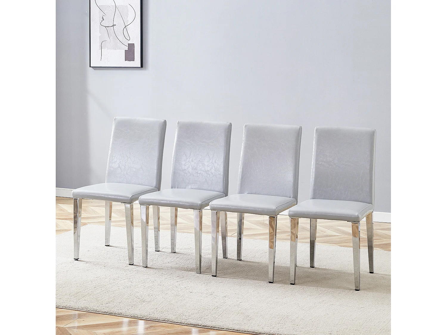 Lot de 4 chaises de salle à manger en similicuir gris clair avec pieds en métal argenté
