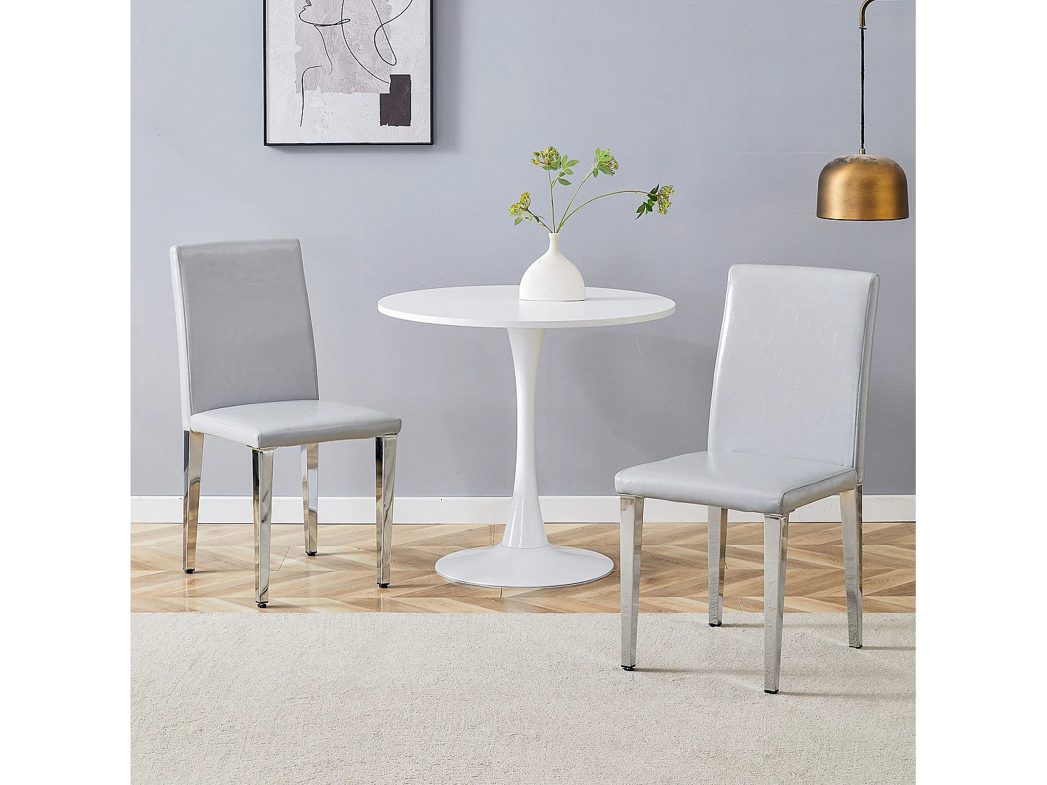 Lot de 2 chaises de salle à manger en similicuir gris clair avec pieds en métal argenté