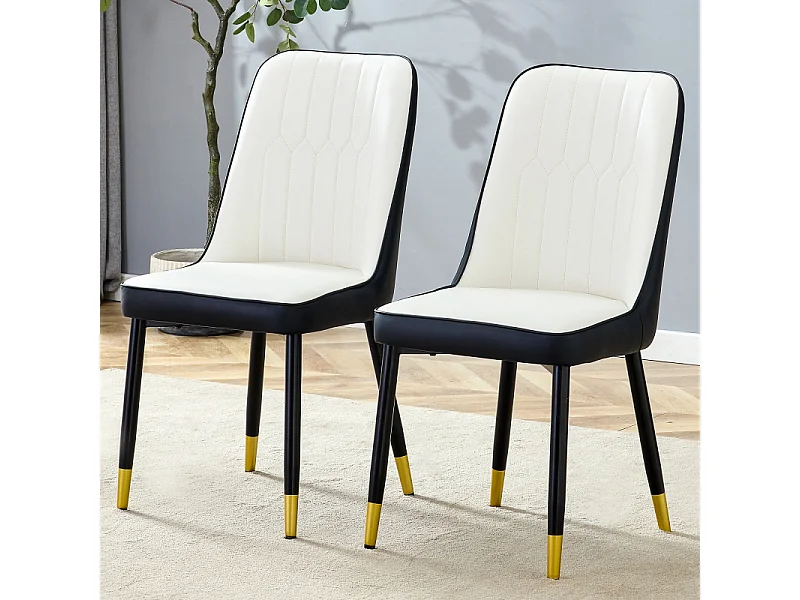Lot de 2 chaises de salle à manger en similicuir blanc et noir avec pieds en métal noir