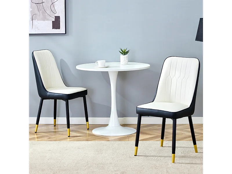 Lot de 2 chaises de salle à manger en similicuir blanc et noir avec pieds en métal noir
