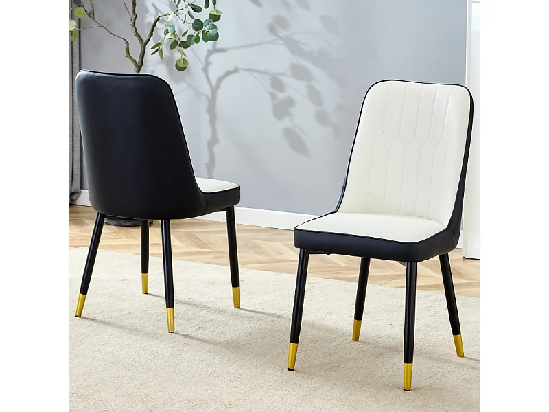 Lot de 2 chaises de salle à manger en similicuir blanc et noir avec pieds en métal noir
