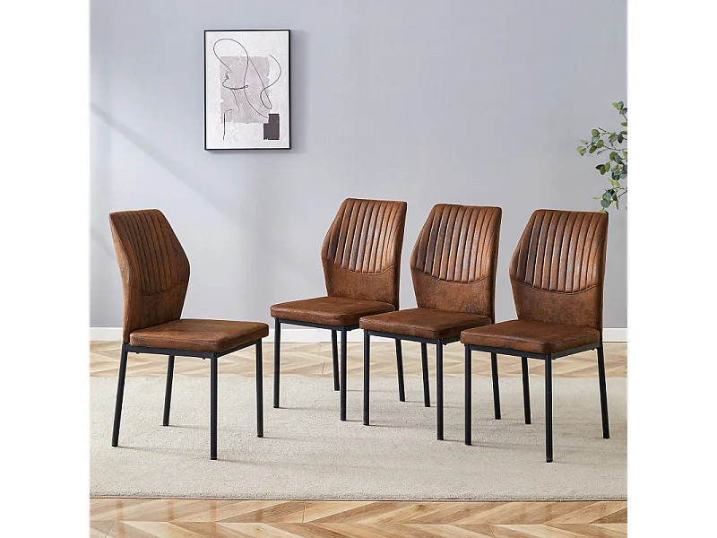 Set van 4 bruine stoffen eetkamerstoelen met zwarte metalen poten
