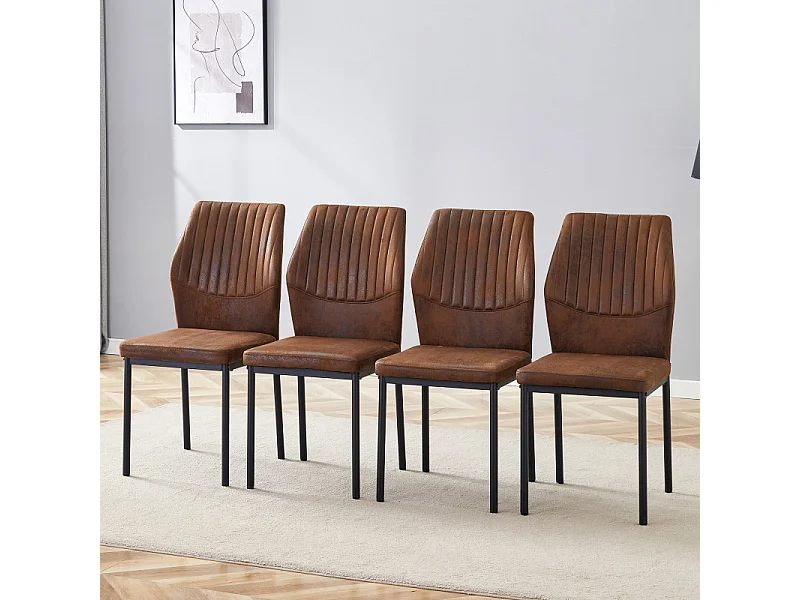Set van 4 bruine stoffen eetkamerstoelen met zwarte metalen poten
