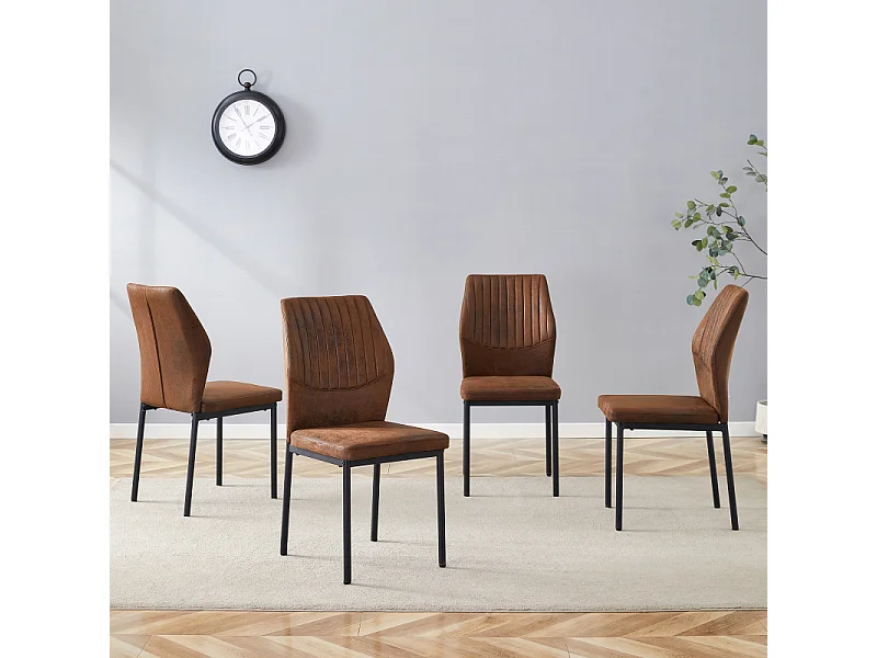 Set van 4 bruine stoffen eetkamerstoelen met zwarte metalen poten
