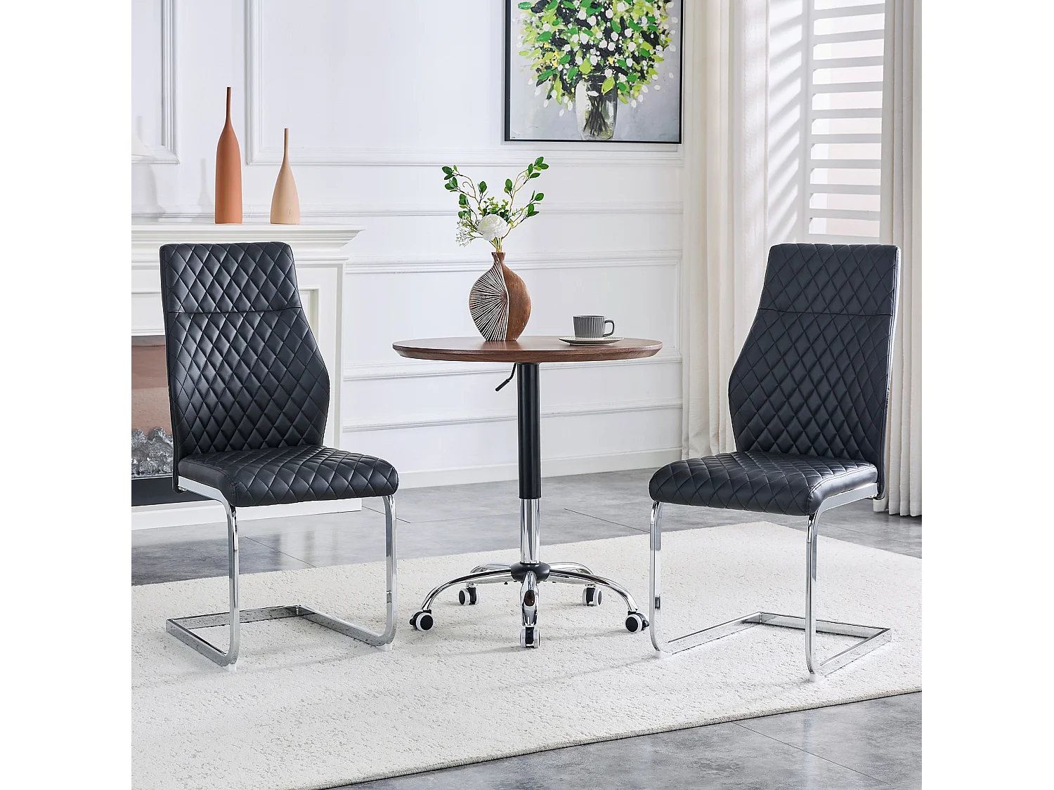 Lot de 2 chaises de salle à manger en similicuir noir avec cadre en métal argenté