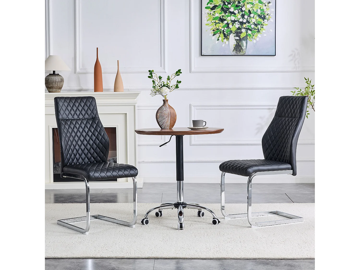 Lot de 2 chaises de salle à manger en similicuir noir avec cadre en métal argenté