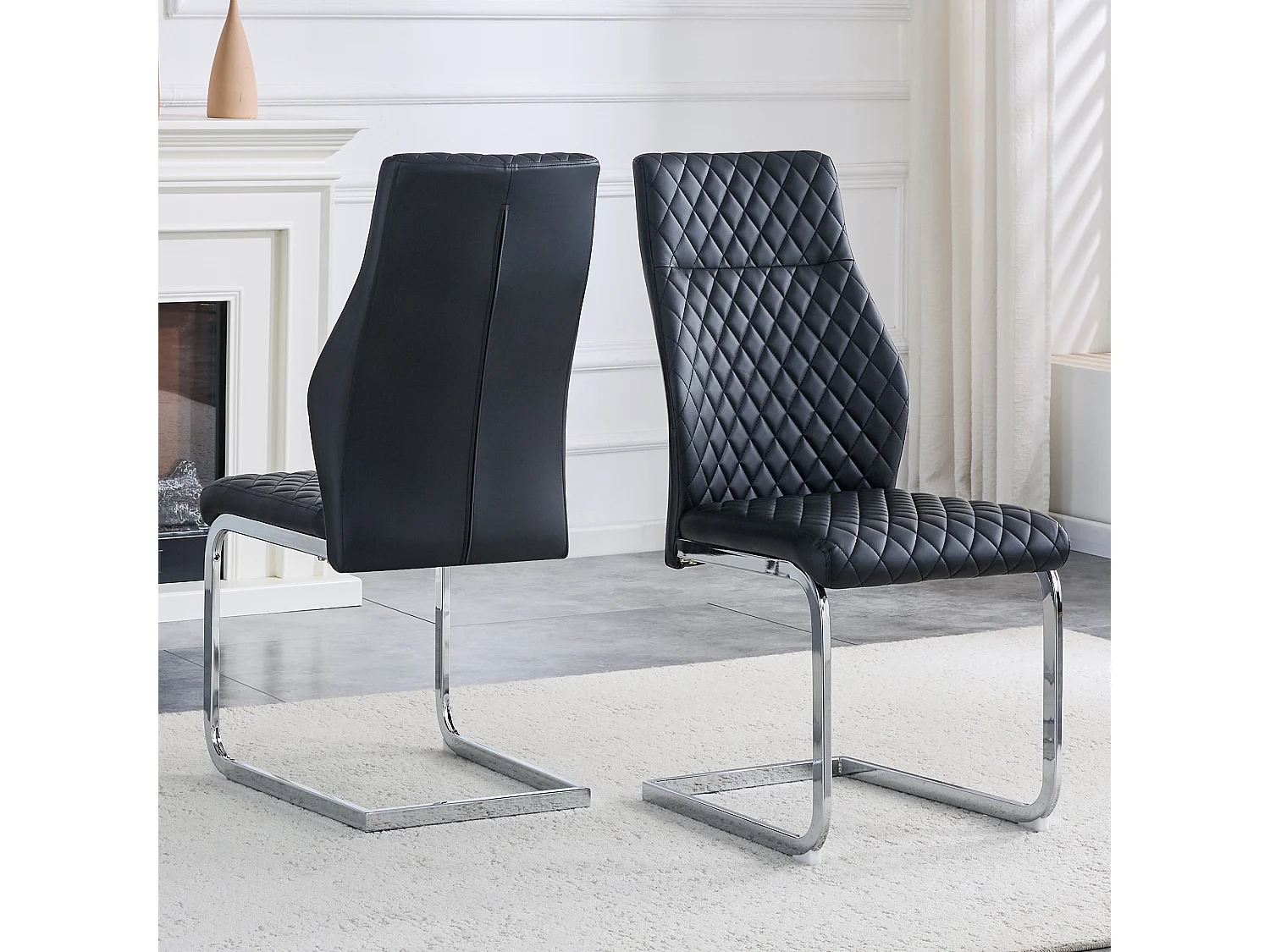 Lot de 2 chaises de salle à manger en similicuir noir avec cadre en métal argenté
