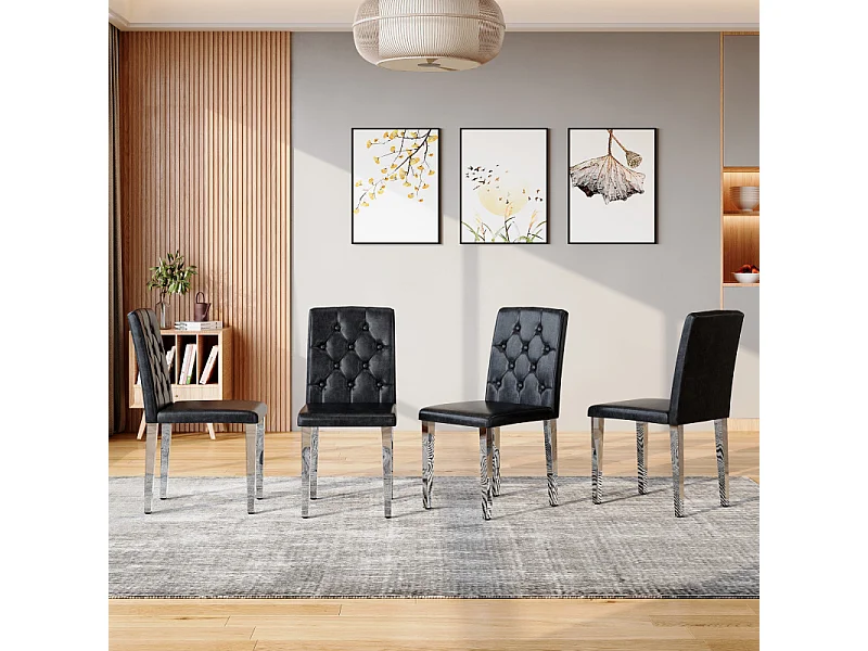 Lot de 4 chaises de salle à manger en similicuir noir avec pieds en métal argenté