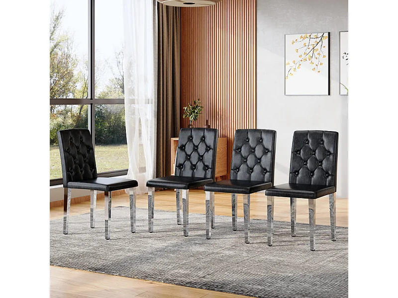 Lot de 4 chaises de salle à manger en similicuir noir avec pieds en métal argenté