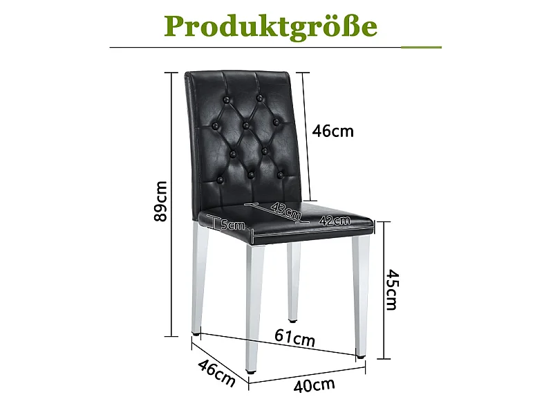 Lot de 4 chaises de salle à manger en similicuir noir avec pieds en métal argenté