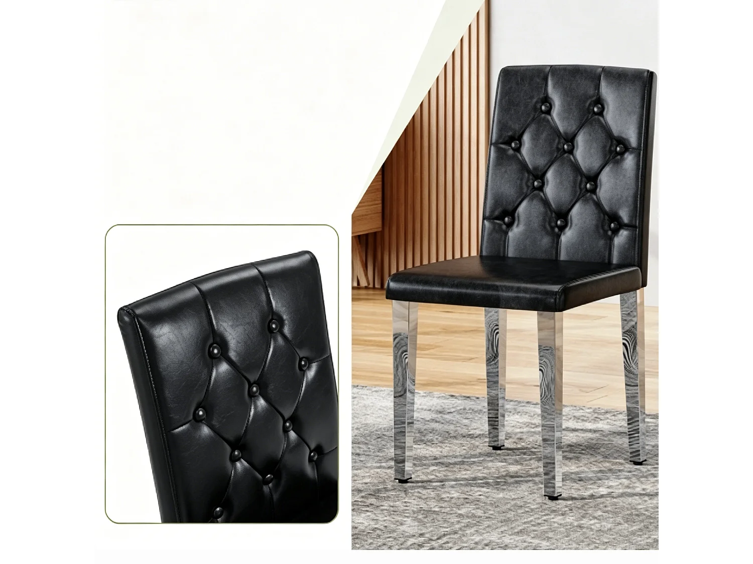 Lot de 4 chaises de salle à manger en similicuir noir avec pieds en métal argenté