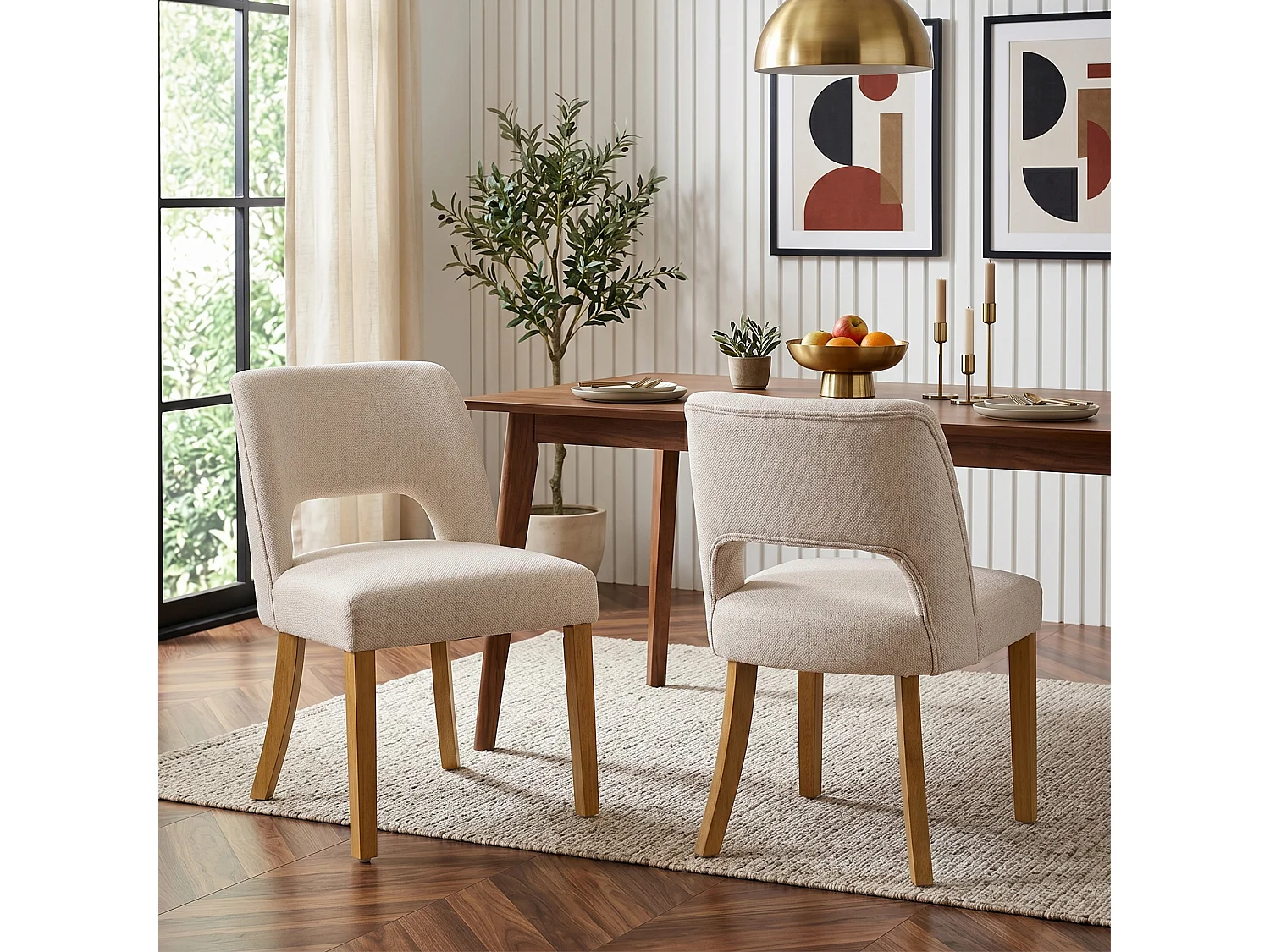 Set di 2 sedie da pranzo in lino con gambe in legno massello, beige