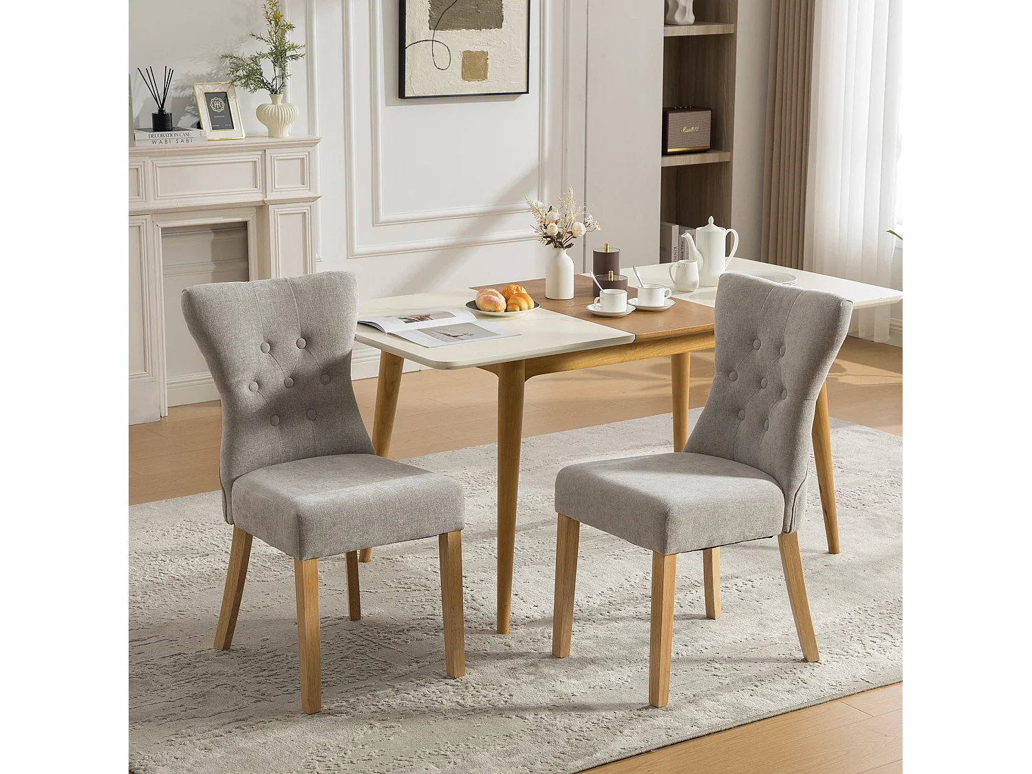 Lot de 2 chaises de salle à manger rembourrées en chenille gris avec pieds en bois massif