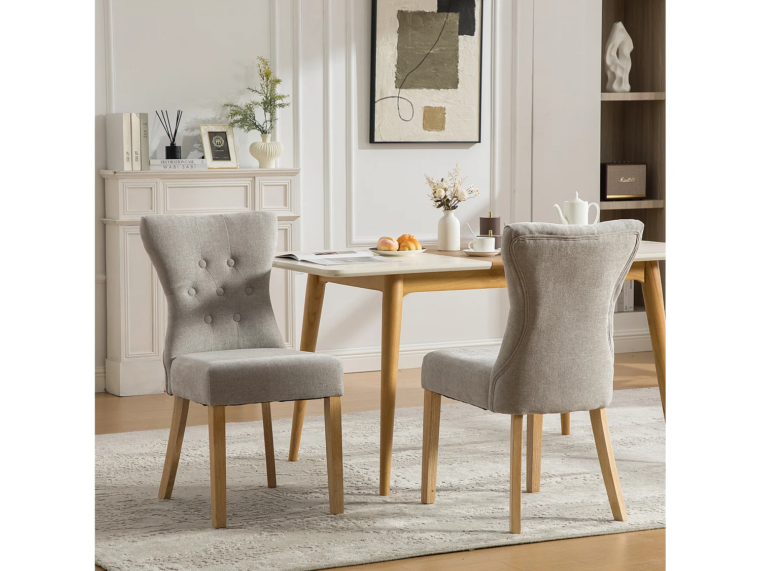 Lot de 2 chaises de salle à manger rembourrées en chenille gris avec pieds en bois massif
