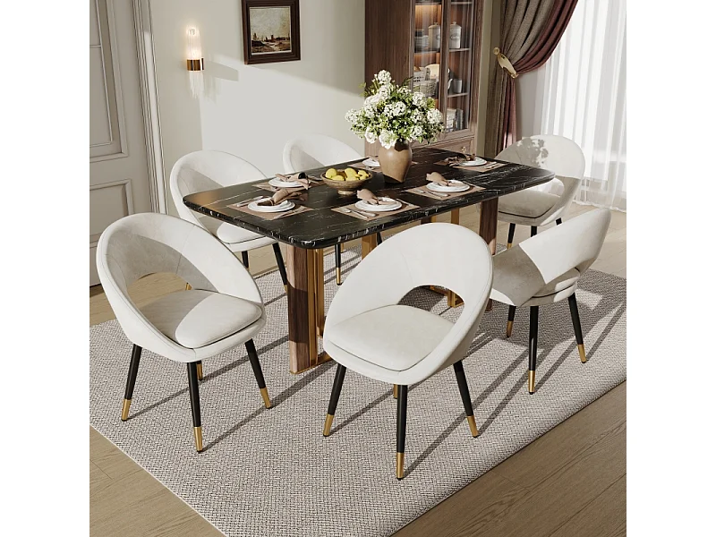 Juego de 6 sillas de comedor de terciopelo con respaldo anillado y patas negras y doradas, color beige
