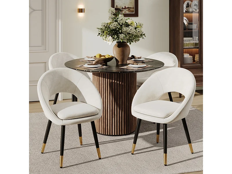 Juego de 6 sillas de comedor de terciopelo con respaldo anillado y patas negras y doradas, color beige