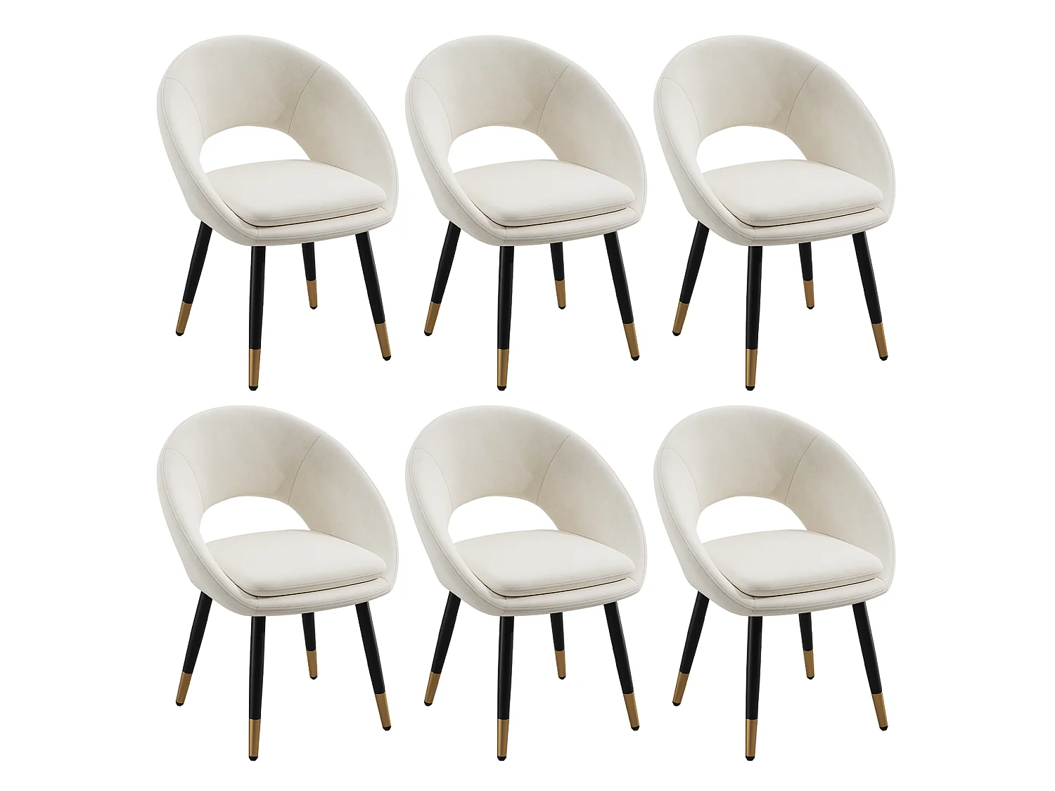 Juego de 6 sillas de comedor de terciopelo con respaldo anillado y patas negras y doradas, color beige