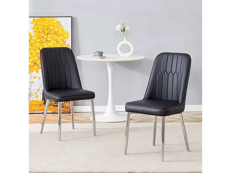 Lot de 2 chaises de salle à manger en similicuir noir avec pieds en métal argenté