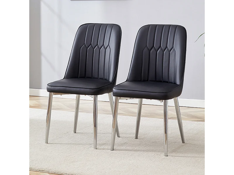 Lot de 2 chaises de salle à manger en similicuir noir avec pieds en métal argenté