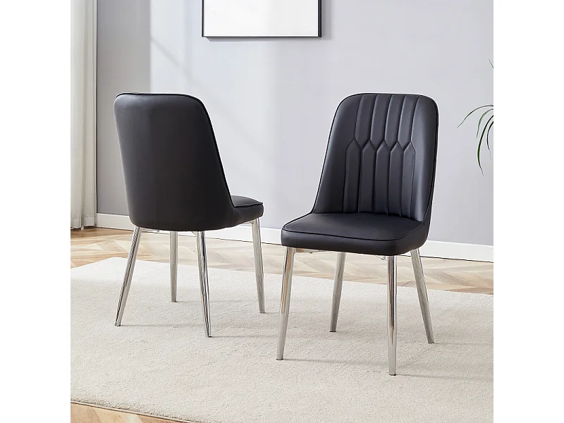 Lot de 2 chaises de salle à manger en similicuir noir avec pieds en métal argenté