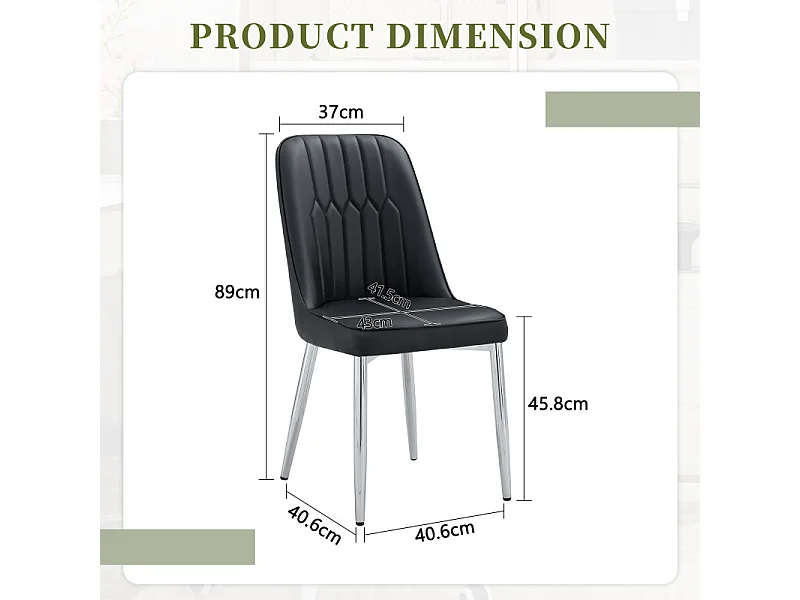 Lot de 2 chaises de salle à manger en similicuir noir avec pieds en métal argenté