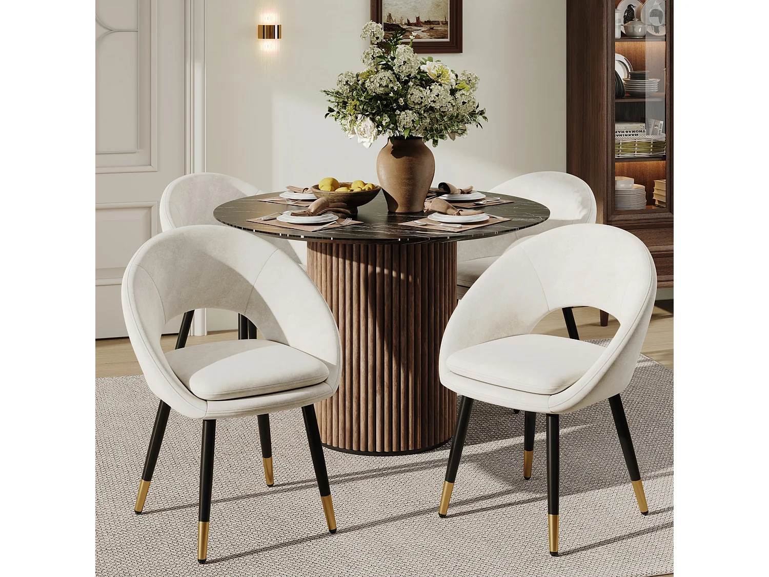 Juego de 2 sillas de comedor de terciopelo con respaldo anillado y patas negras y doradas, color beige