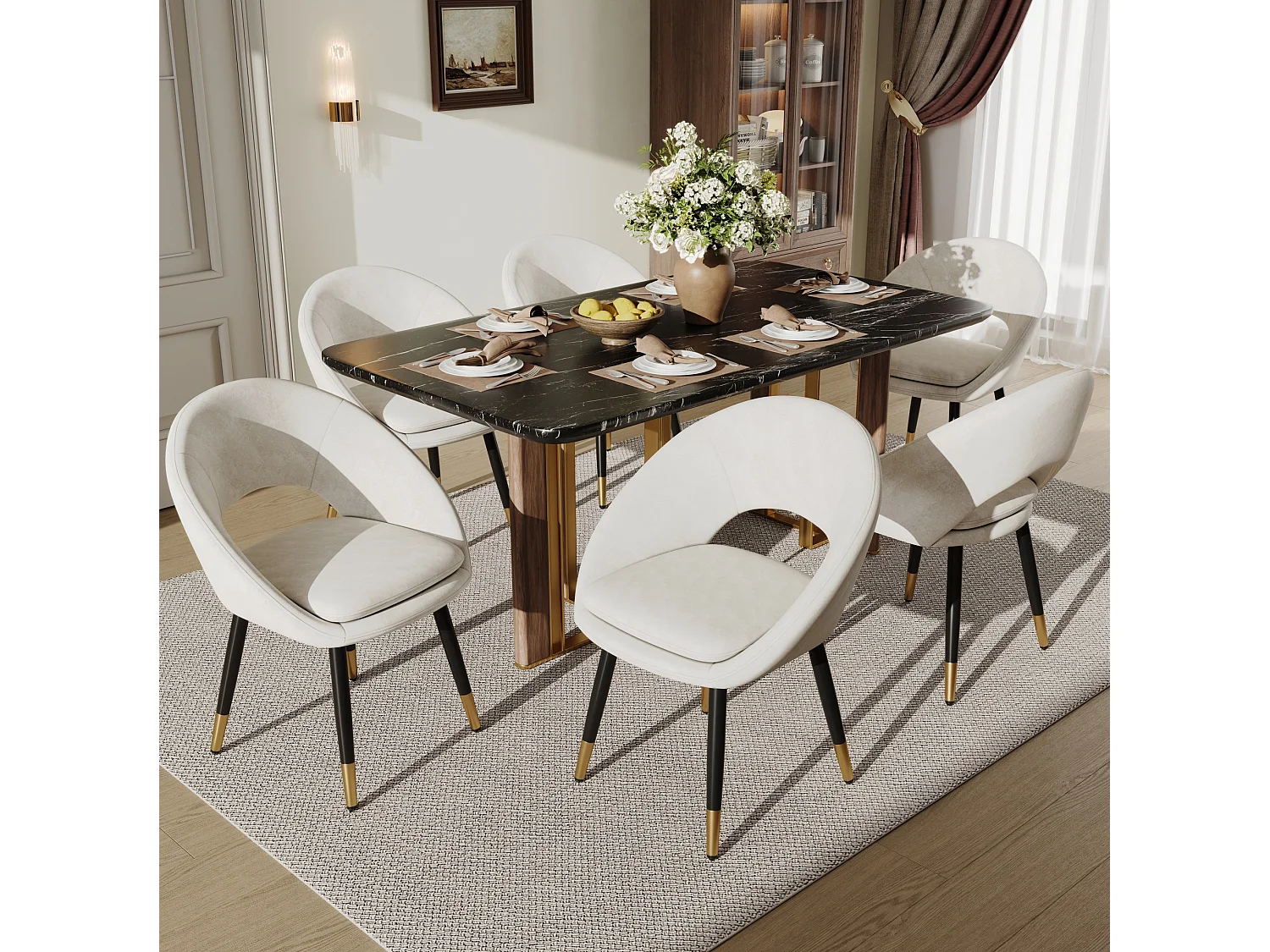 Juego de 2 sillas de comedor de terciopelo con respaldo anillado y patas negras y doradas, color beige
