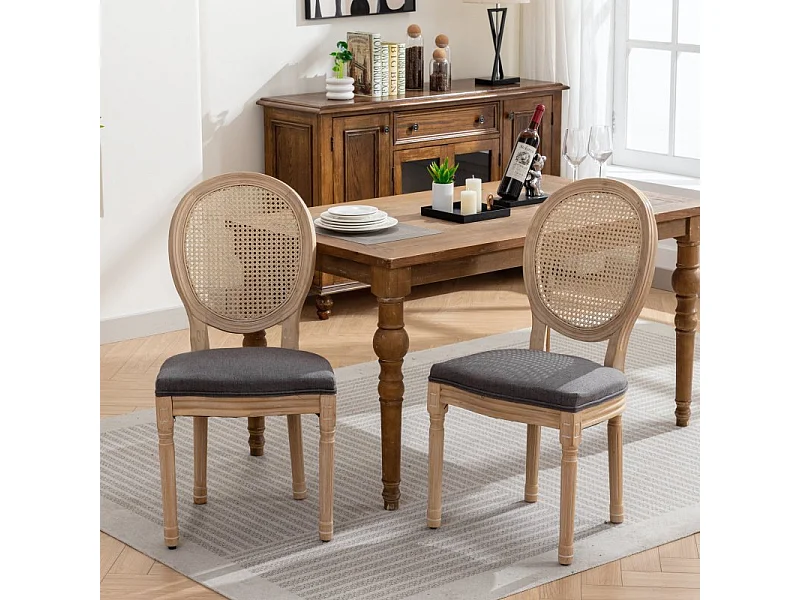 Lot de 2 chaises de salle à manger rembourrées avec dossier en rotin et structure en bois massif gris